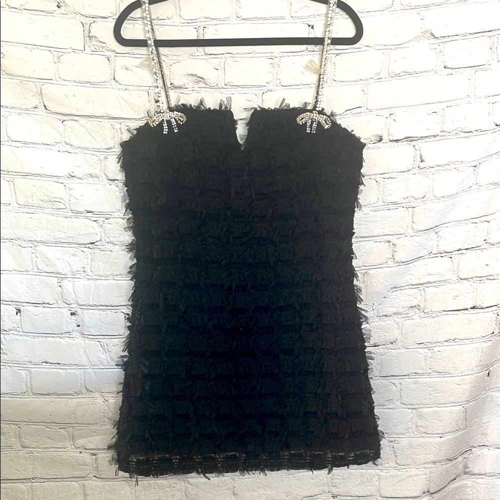 Rebecca Vallance Black Textured Cherie Amour Mini Dress with Embellished Straps